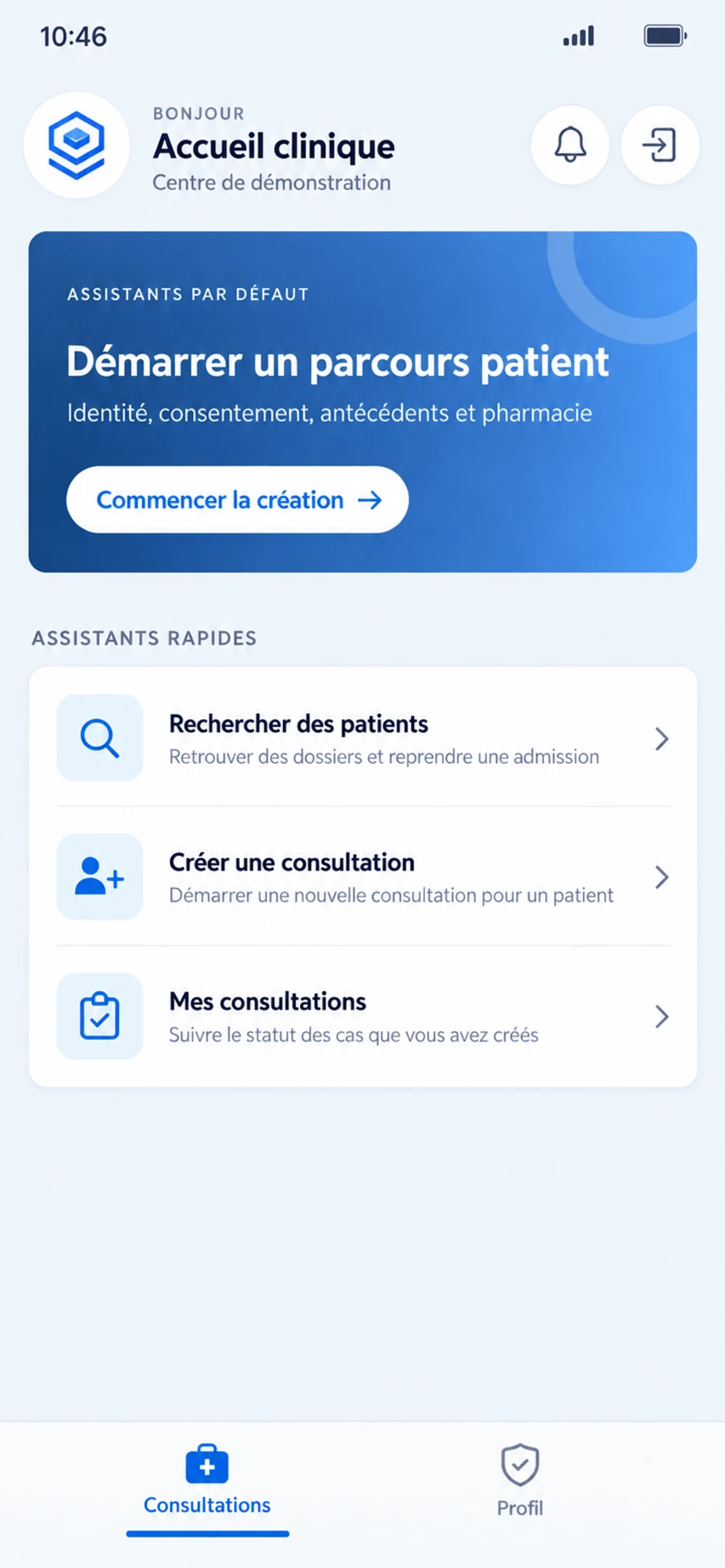 Illustration de Flow sur téléphone : l'écran d'accueil, avec le bonjour adressé au rôle Accueil clinique du Centre de démonstration, la carte Démarrer un parcours patient, les trois assistants rapides (Rechercher des patients, Créer une consultation, Mes consultations) et les onglets Consultations et Profil.